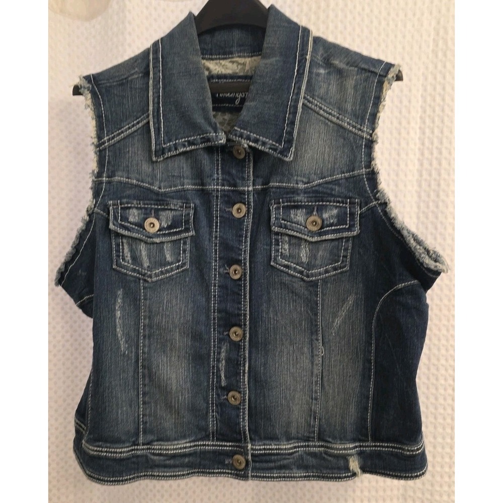 Women's Size 1X Blue Denim Distressed Vest Collared‎ Button With Pockets